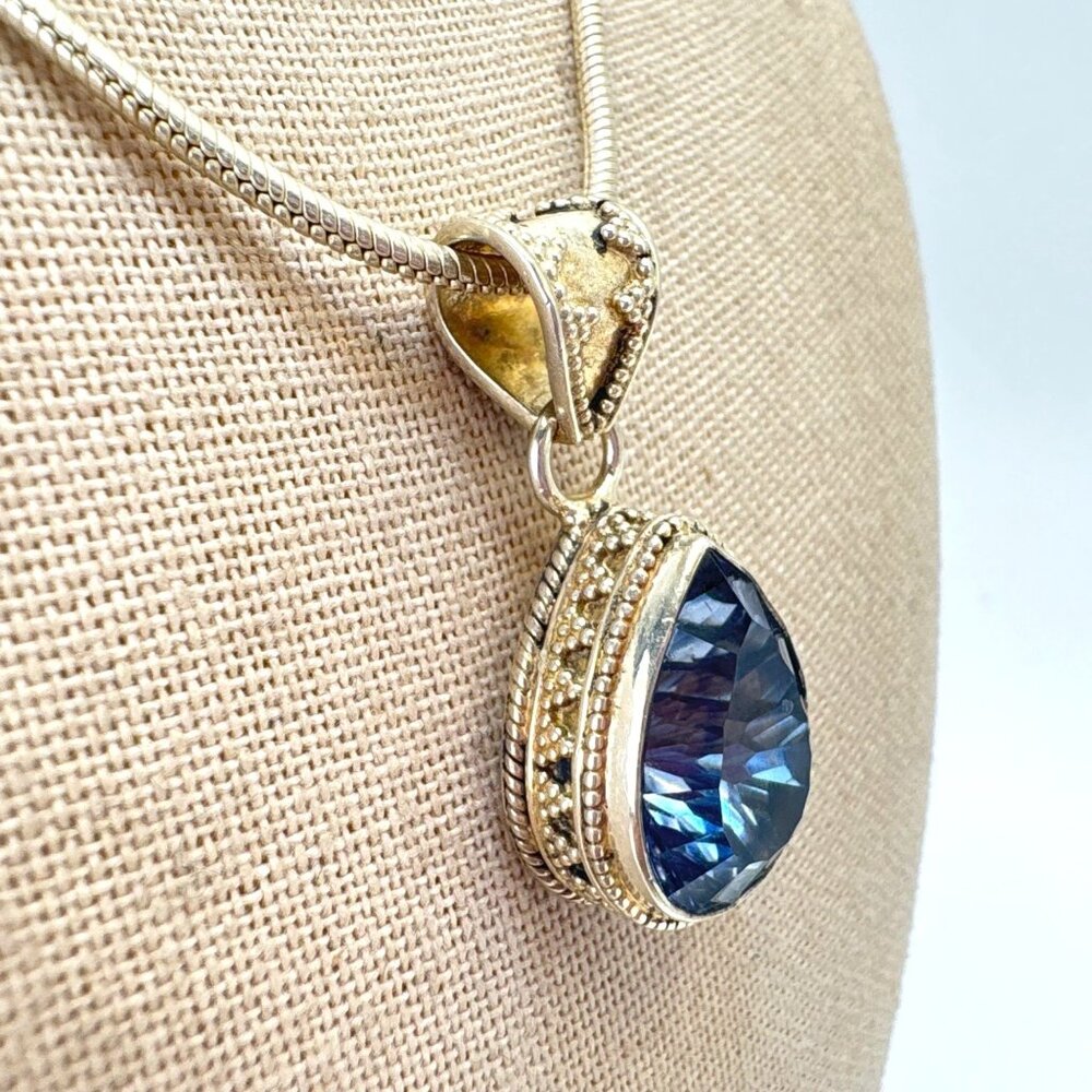 Sterling Silver 925 Royal Blue Topaz Pear Shape Pendant 22" Serpentine Chain
